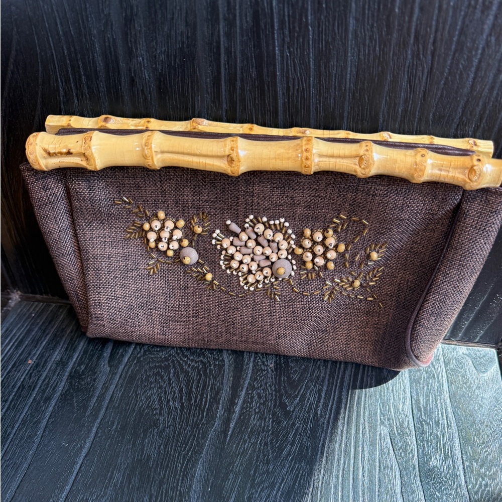 Vintage Beaded Bamboo Handle Clutch Purse Brown Embroidered Boho Evening Bag